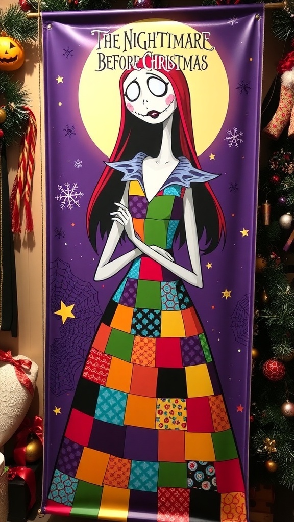 Sally from The Nightmare Before Christmas Banner Design A colorful banner of Sally from The Nightmare Before Christmas, set against a festive backdrop.